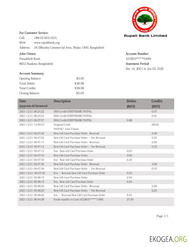 Relevé de la banque Rupalii du Bangladesh